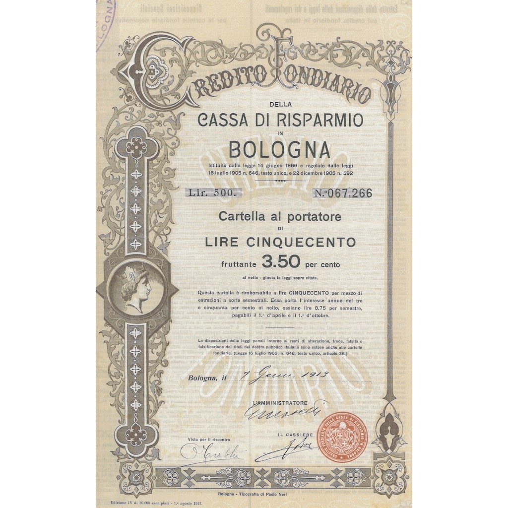 CREDITO FONDIARIO CASSA RISP. BOLOGNA CARTELLA 500 L. 3,5% - BOLOGNA 1913