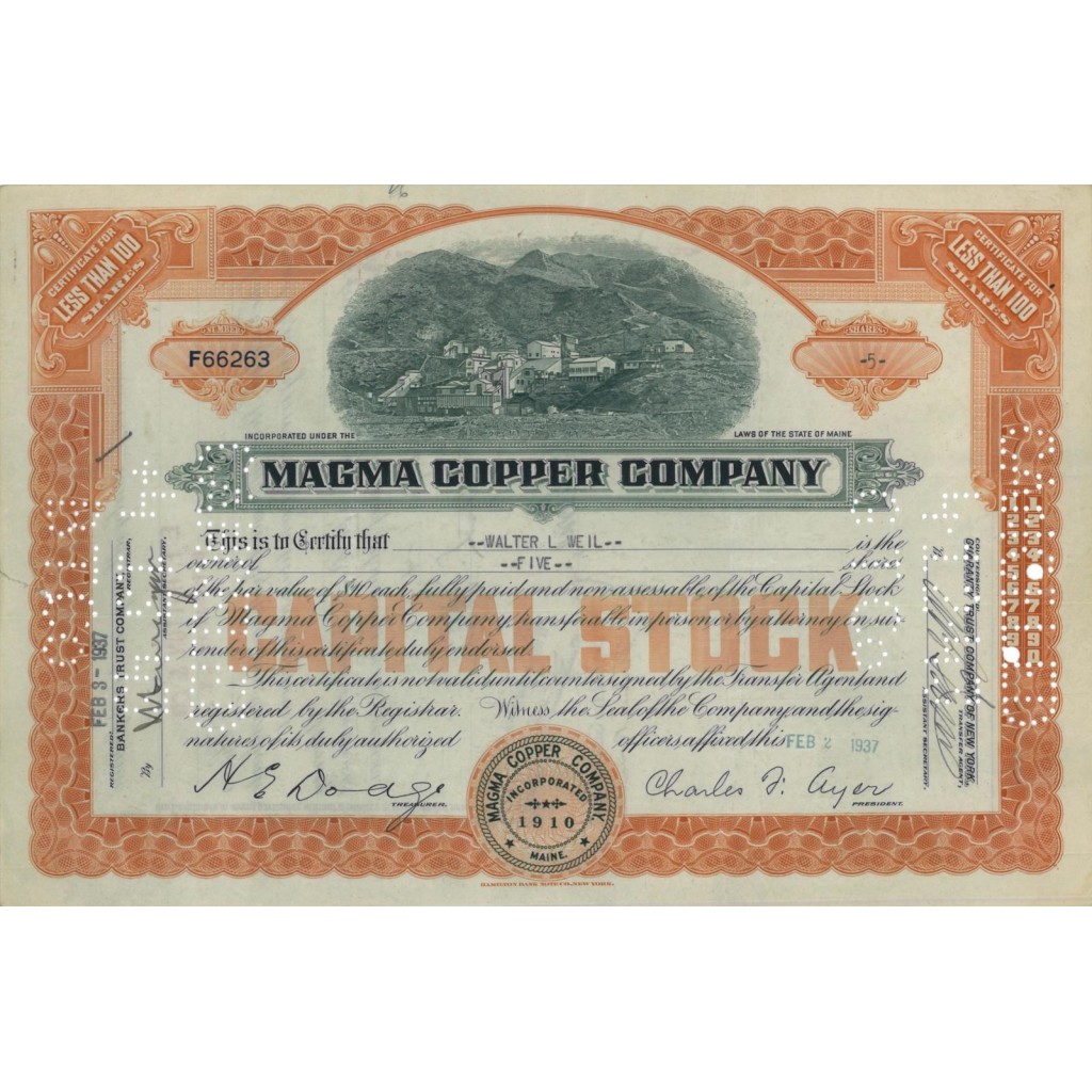 MAGMA COPPER COMPANY - 5 AZIONI - 1937