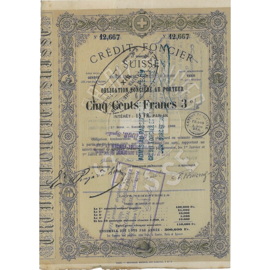 CREDIT FONCIER SUISSE - 1 OBBLIGAZIONE - 1868