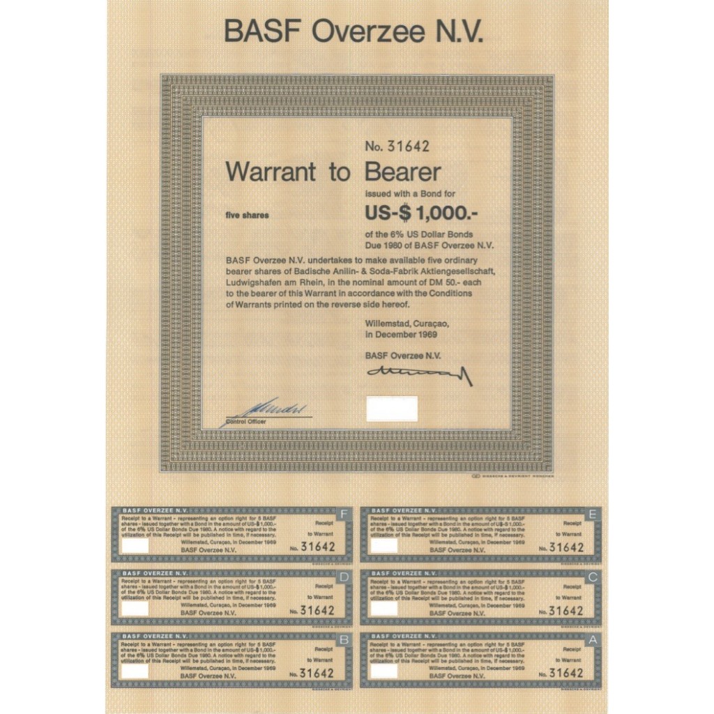 BASF OVERZEE N.V. WARRANT PER 5 AZIONI - 1969