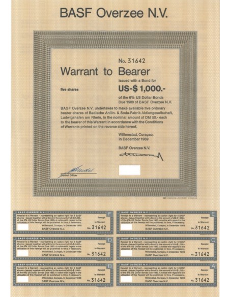 BASF OVERZEE N.V. WARRANT PER 5 AZIONI - 1969