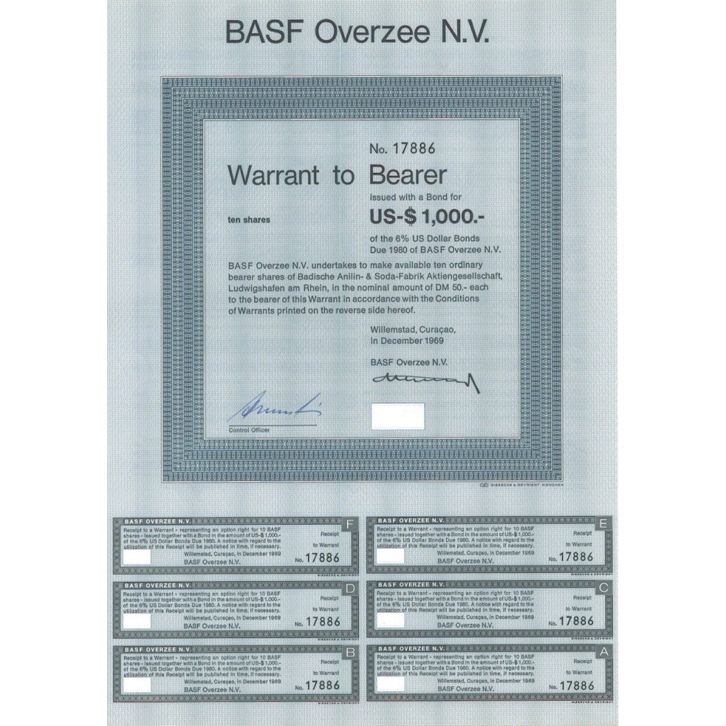 BASF OVERZEE N.V. WARRANT PER 10 AZIONI - 1969