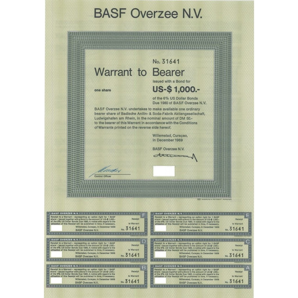 BASF OVERZEE N.V. WARRANT PER 1 AZIONE - 1969