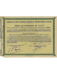 IMPERO OTTOMANO - OBBLIGAZIONE DA 100 FRANCHI - 1937