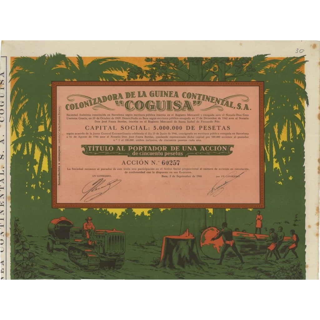 COLONIZADORA DE LA GUINEA CONTINENTAL SA COGUISA 1 AZIONE - 1946