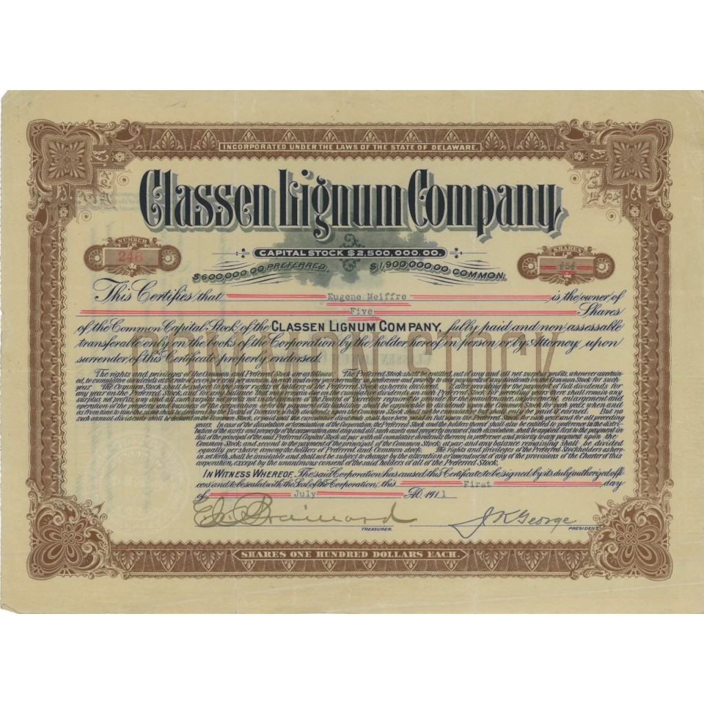 CLASSEN LIGNUM COMPANY - 5 AZIONI - 1911