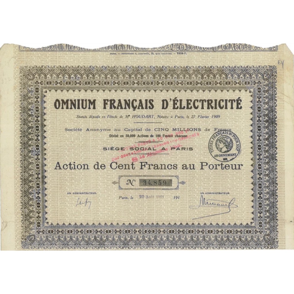 OMNIUM FRANCAIS D'ELECTRICITE' - 1 AZIONE - 1918