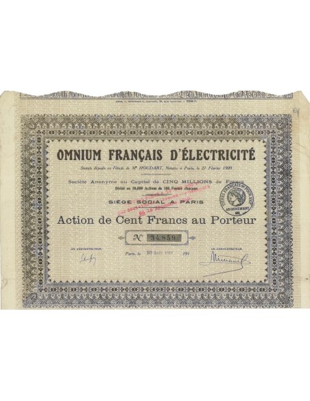 OMNIUM FRANCAIS D'ELECTRICITE' - 1 AZIONE - 1918