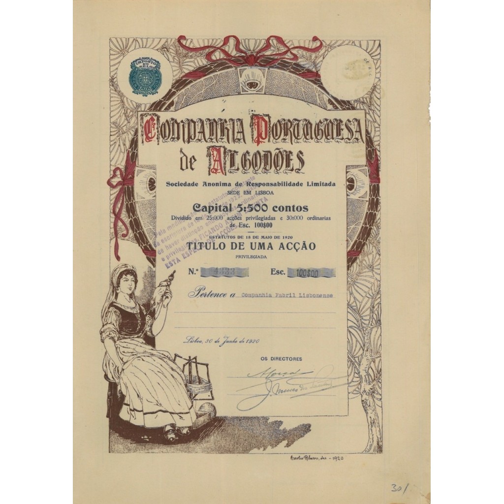 COMPANHIA PORTUGUESA DE ALGODOES - 1 AZIONE - 1920