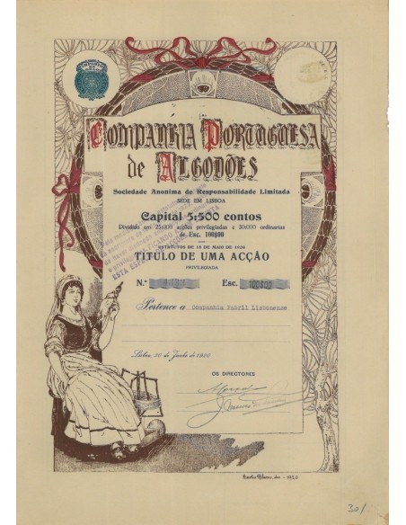 COMPANHIA PORTUGUESA DE ALGODOES - 1 AZIONE - 1920