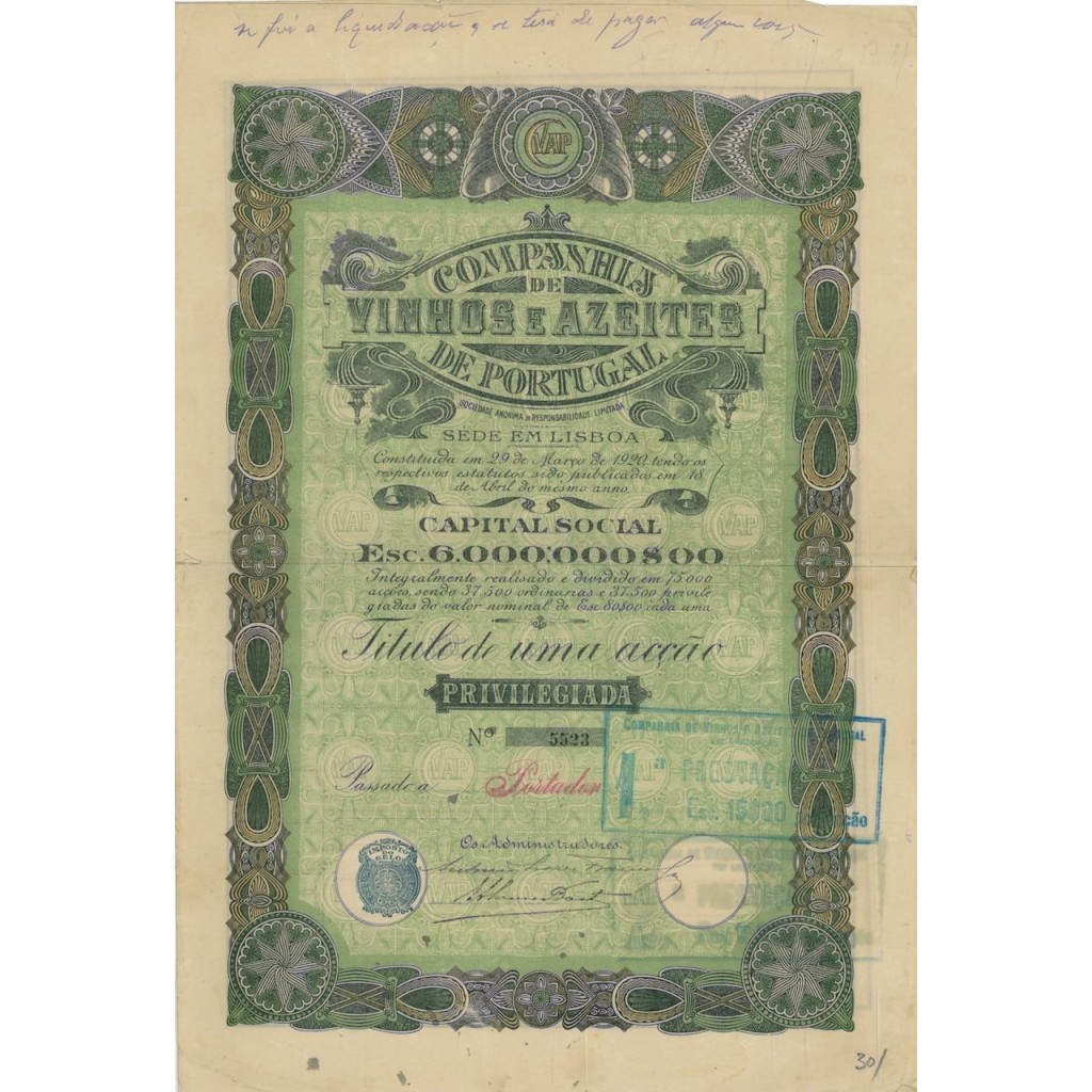 COMPANHIA VINHOS E AZEITES DE PORTUGAL - 1 AZIONE - 1920