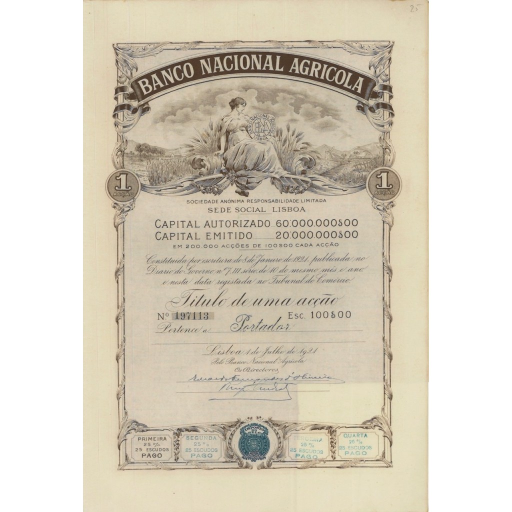 BANCO NACIONAL AGRICOLA - 1 AZIONE - 1921