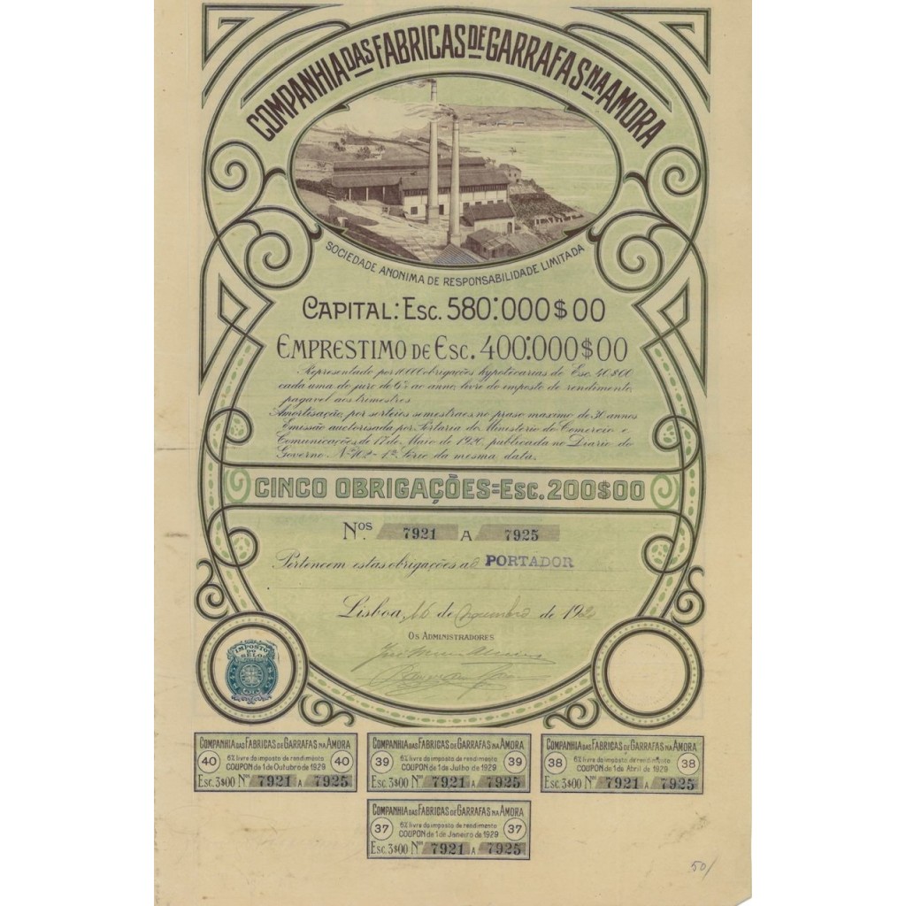 COMPANHIA DAS FABRICAS DE GARRAFAS NA MORA - 5 OBBLIGAZ. 1920