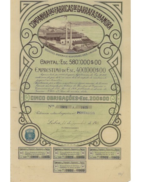 COMPANHIA DAS FABRICAS DE GARRAFAS NA MORA - 5 OBBLIGAZ. 1920