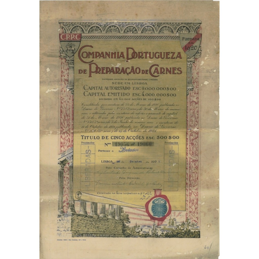 COMPANHIA PORTUGUEZA DE PREPARACAO DE CARNES - 5 AZIONI 1921