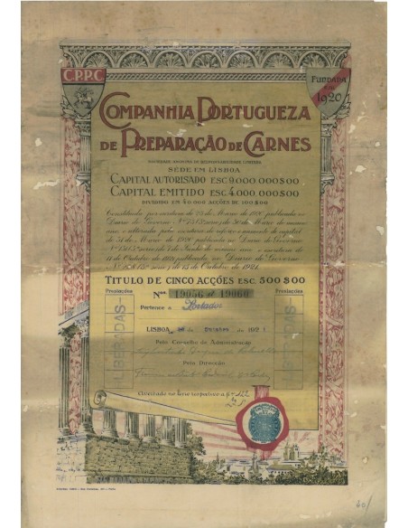 COMPANHIA PORTUGUEZA DE PREPARACAO DE CARNES - 5 AZIONI 1921