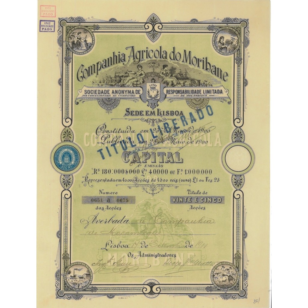 COMPANHIA AGRICOLA DO MORIBANE - 25 AZIONI - 1900