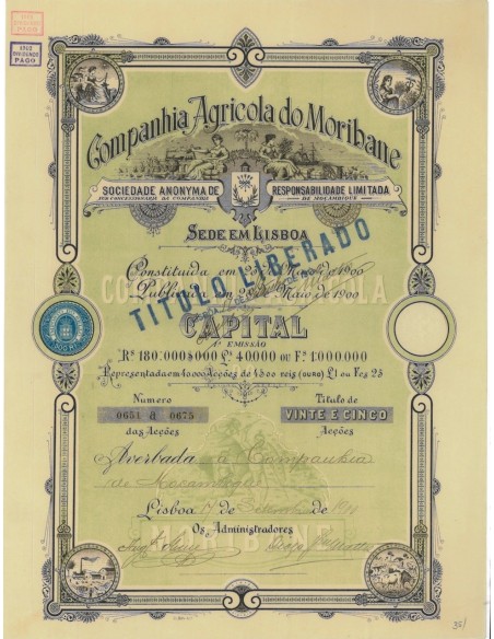 COMPANHIA AGRICOLA DO MORIBANE - 25 AZIONI - 1900
