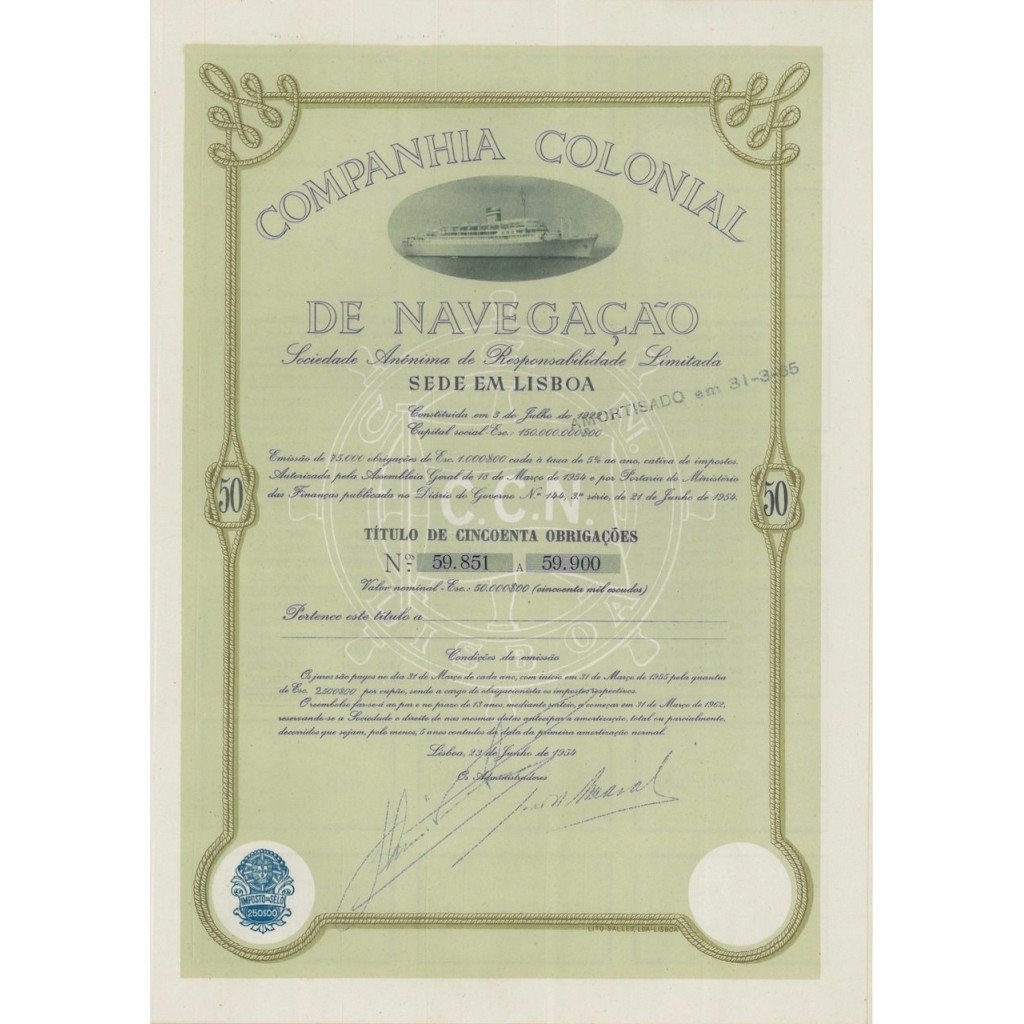 COMPANHIA COLONIAL DE NAVEGACAO - 50 OBBLIG. 1954