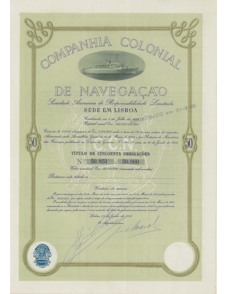 COMPANHIA COLONIAL DE NAVEGACAO - 50 OBBLIG. 1954