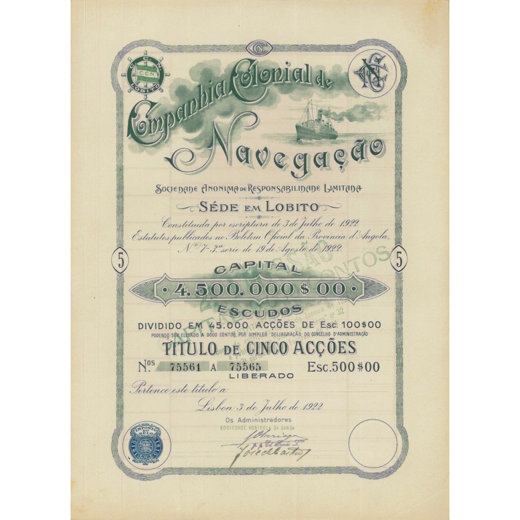 COMPANHIA COLONIAL DE NAVEGACAO - 5 AZIONI - 1922