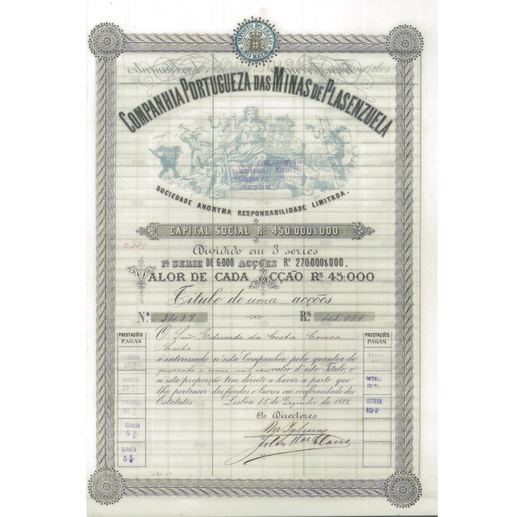 COMPANHIA PORTUGUEZA DAS MINAS DE PLASENZUELA - 3 AZIONI 1882