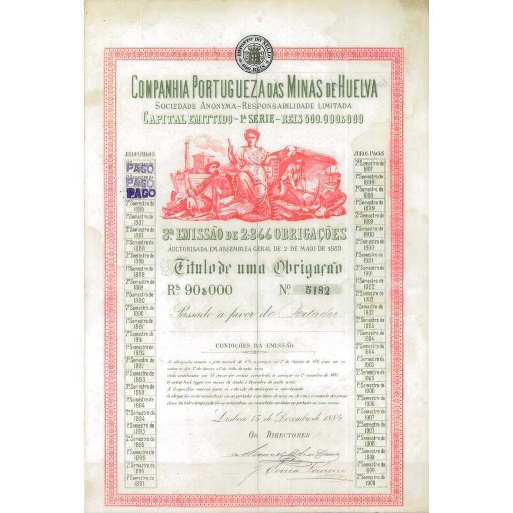 COMPANHIA PORTUGUEZA DAS MINAS DE PLASENZUELA - 1 OBBLIG. 1884