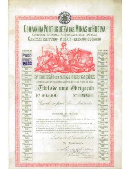 COMPANHIA PORTUGUEZA DAS MINAS DE PLASENZUELA - 1 OBBLIG. 1884