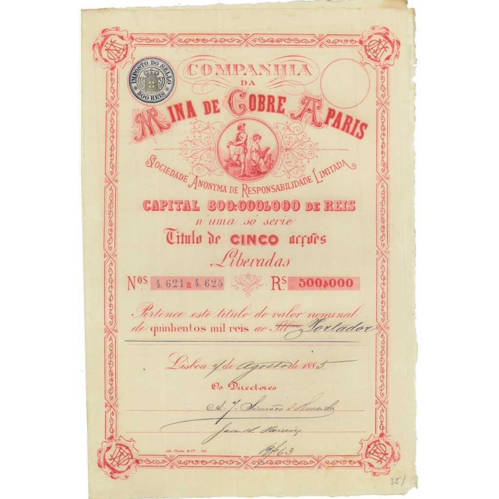 COMP. DA MINA DE COBRE A PARIS - 5 AZIONI - 1885