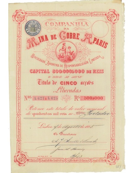 COMP. DA MINA DE COBRE A PARIS - 5 AZIONI - 1885