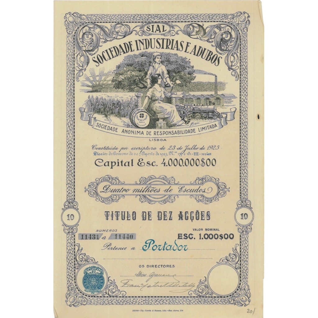 SOCIEDADE INDUSTRIAS E ADUBOS - 10 AZIONI - 1923