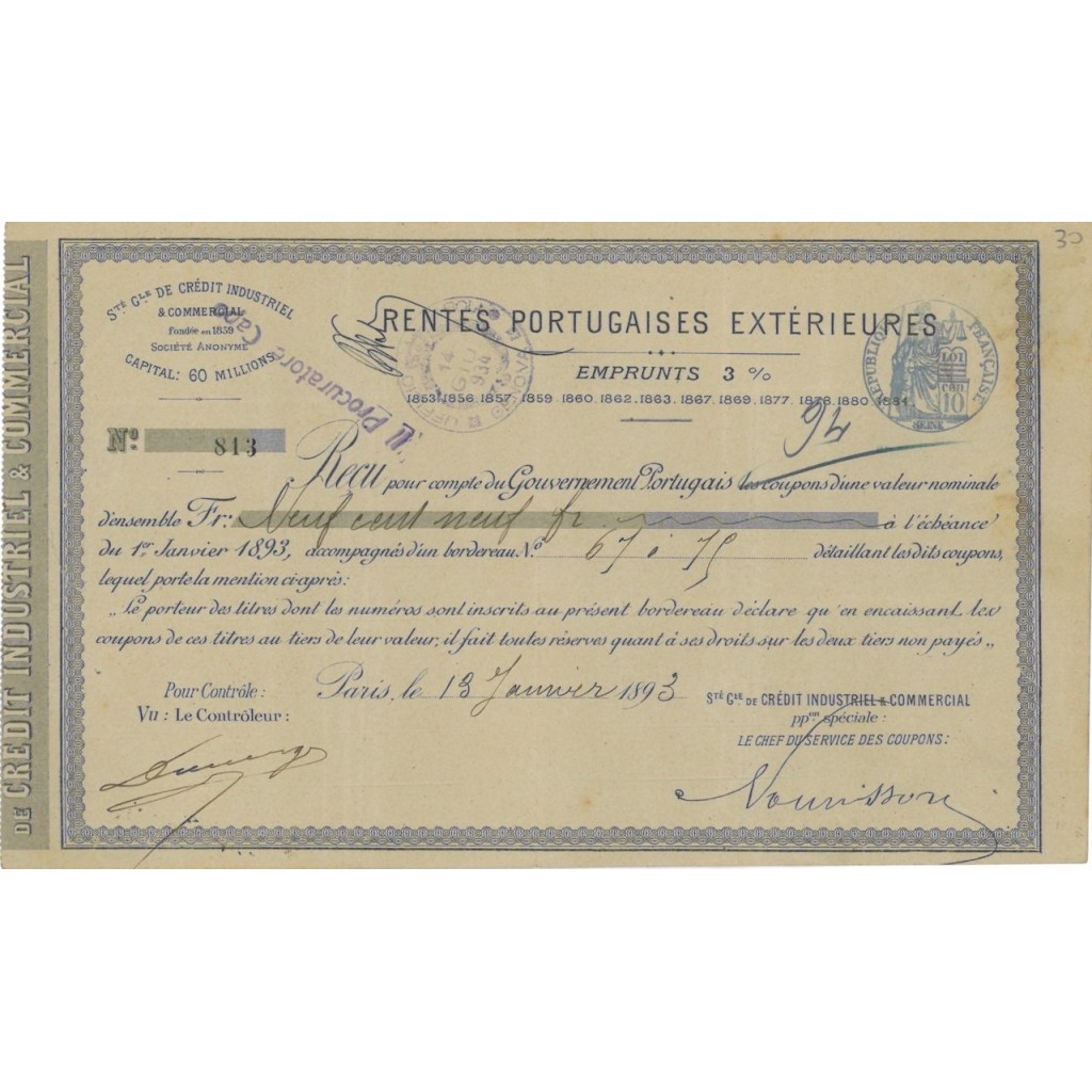 RENTES PORTUGAISES EXTERIEURES - OBBLIGAZIONE - 1893