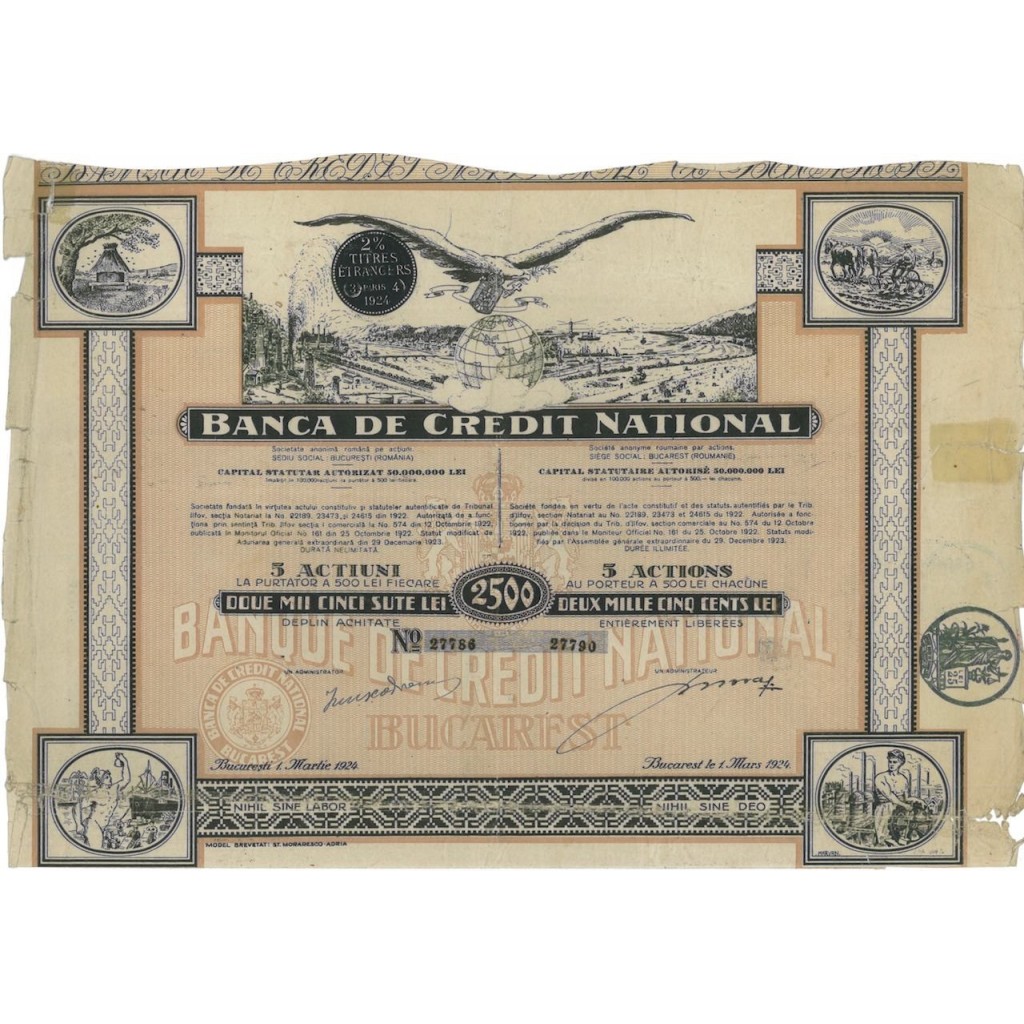 BANCA DE CREDIT NATIONAL - 5 AZIONI - 1924