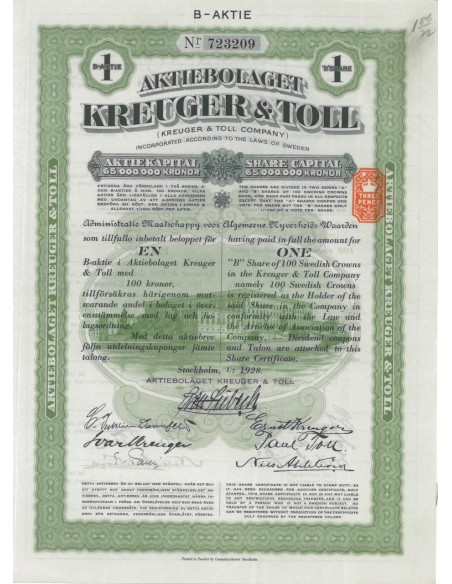 AKTIBOLAGET KREUGER AND TOLL - 1 AZIONE - 1928