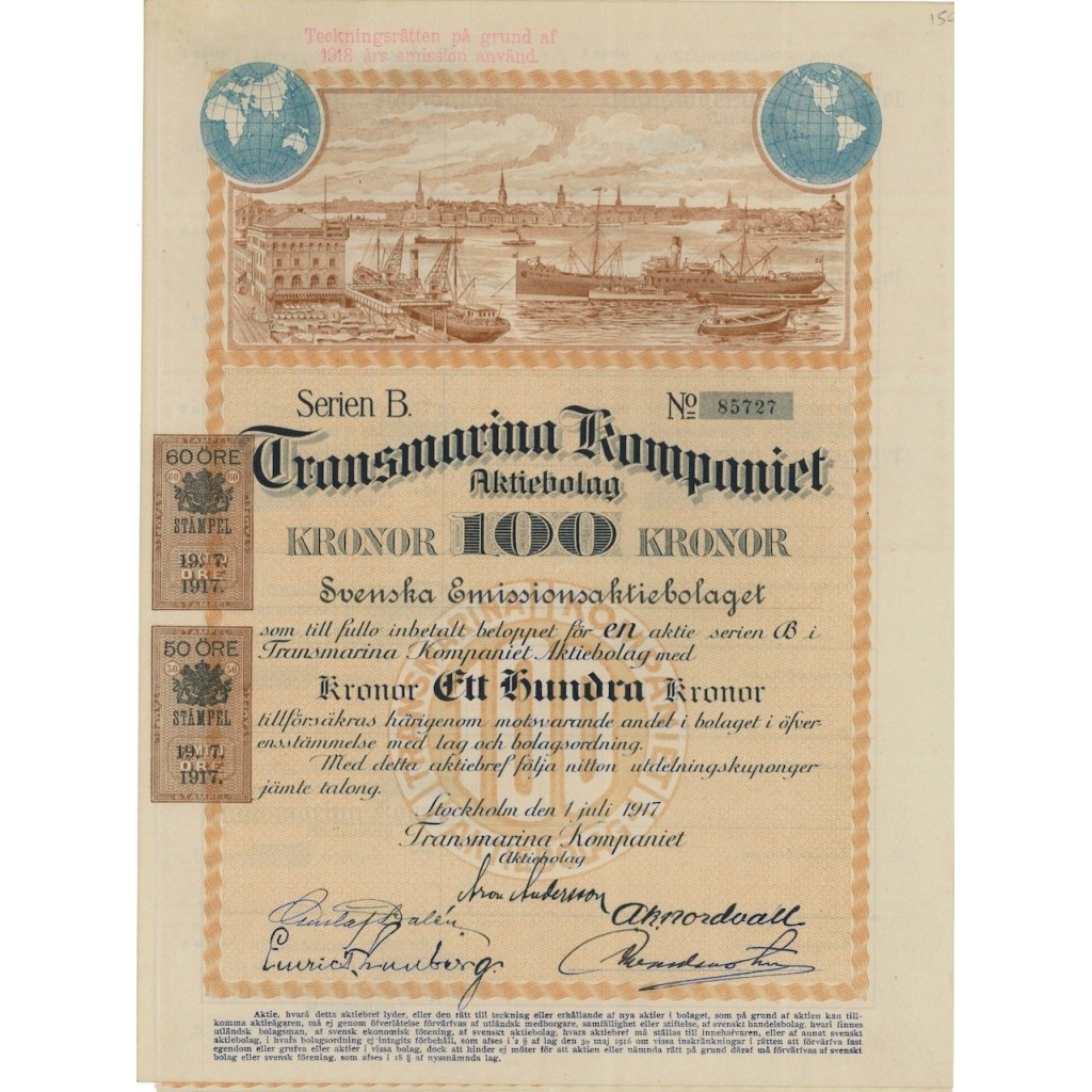 TRANSMARINA KOMPANIET - AZIONE DA 100 CORONE - 1917