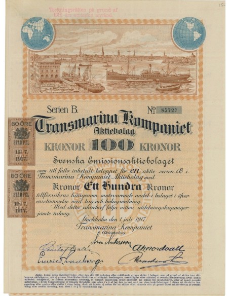 TRANSMARINA KOMPANIET - AZIONE DA 100 CORONE - 1917