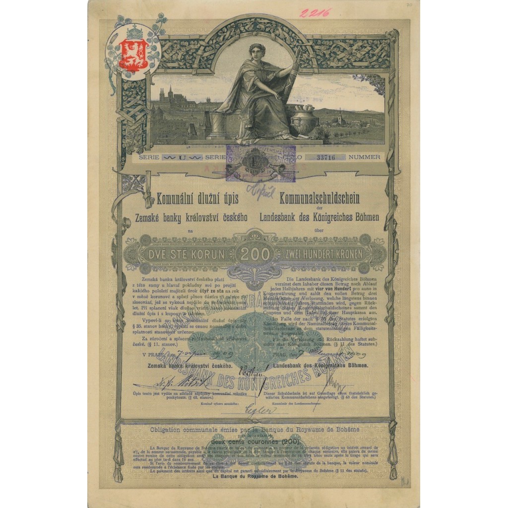 KOMMUNALSCHULSCHEIN DER LANDESBANK DES KONIGREICHES BOHMEN 1909