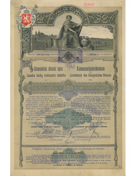 KOMMUNALSCHULSCHEIN DER LANDESBANK DES KONIGREICHES BOHMEN 1909