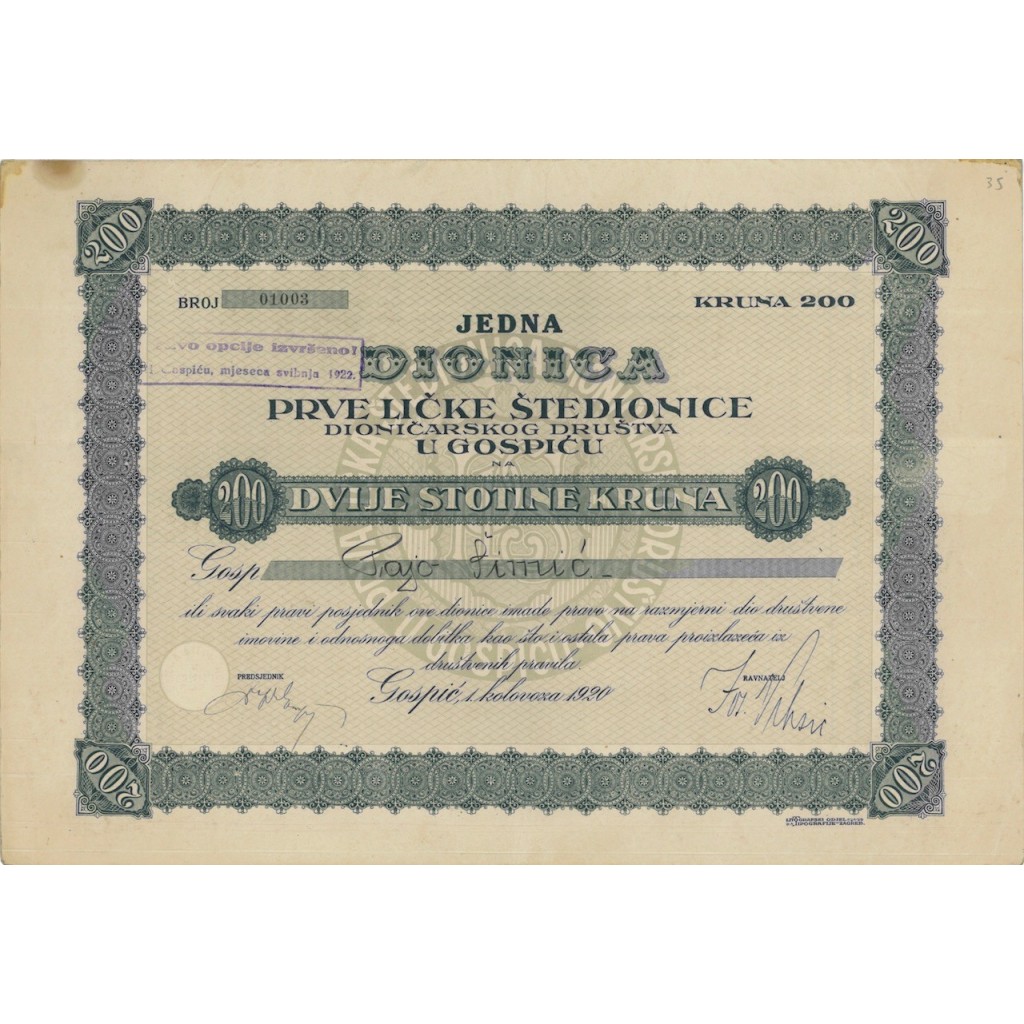 JEDNA DIONICA - 200 KRUNA - 1920