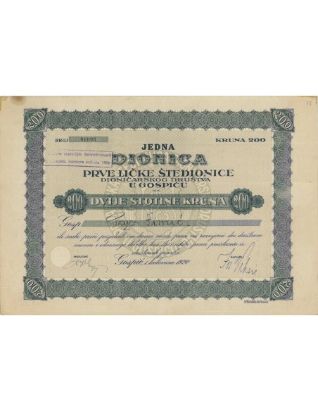 JEDNA DIONICA - 200 KRUNA - 1920
