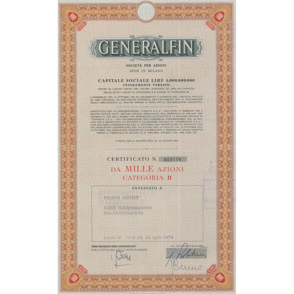 GENERALFIN - 1000 AZIONI MILANO 1965