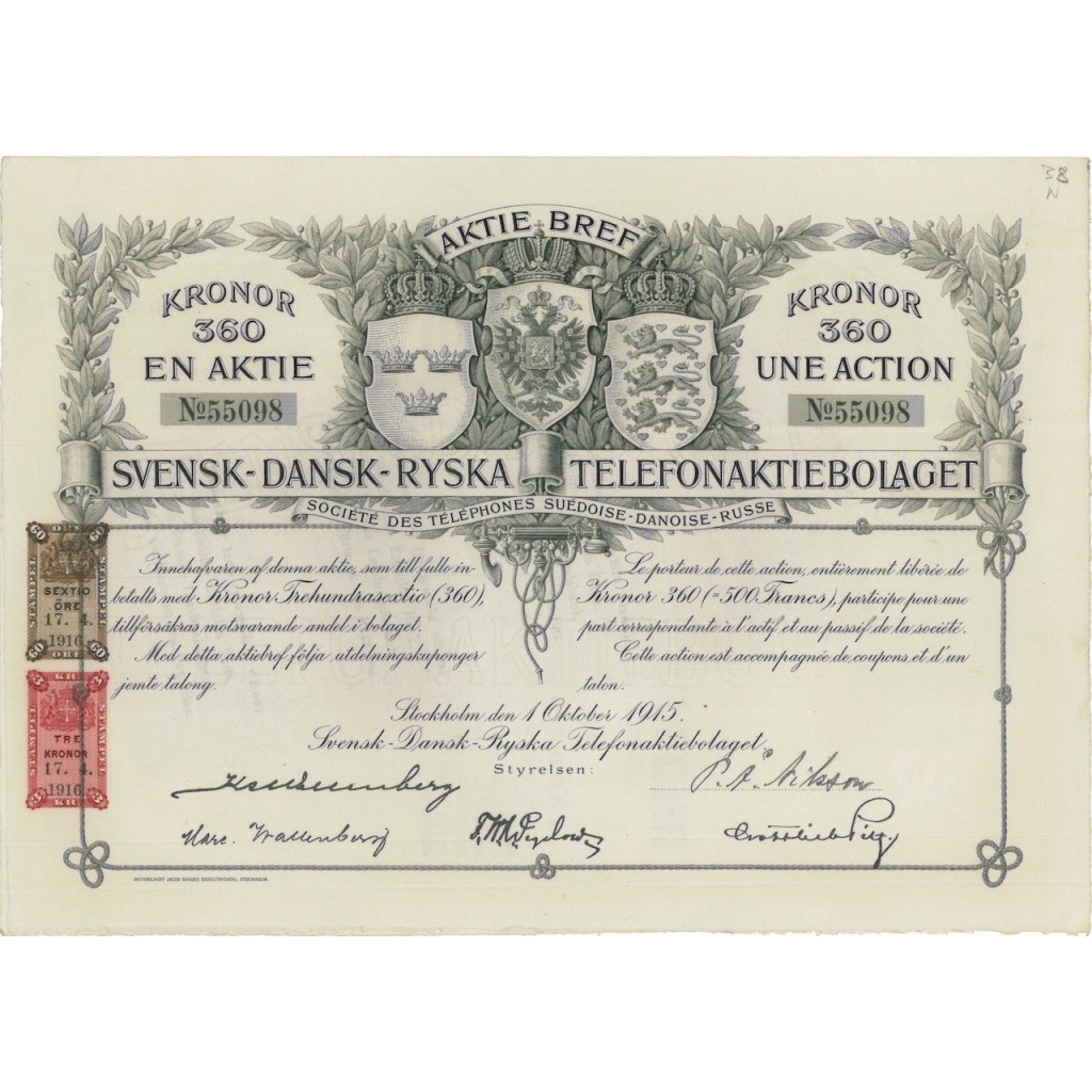 SOCIETE' DES TELEPHONES SUEDOISE DANOISE RUSSSSE- 1 AZIONE 1915