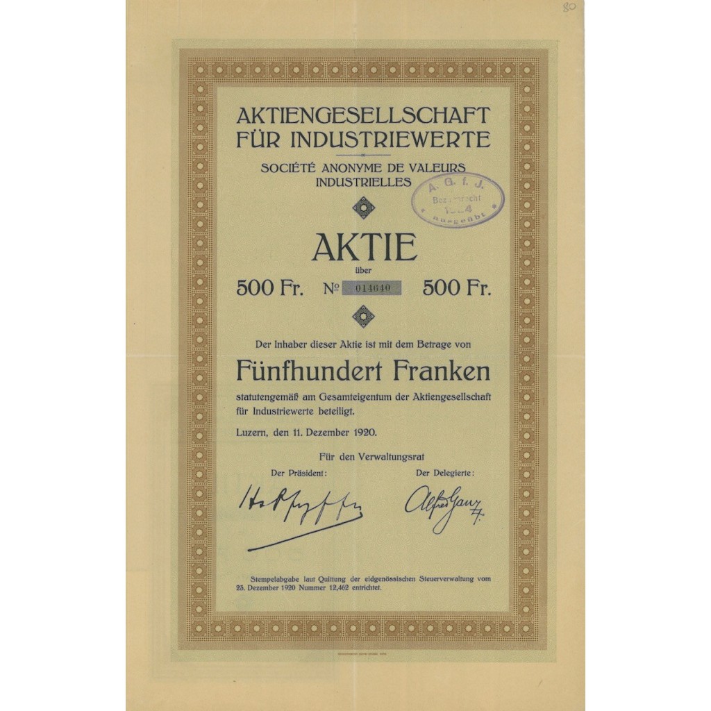 SOC. ANON. DE VALEURS INDUSTRIELLES - 1 AZIONE - 1920