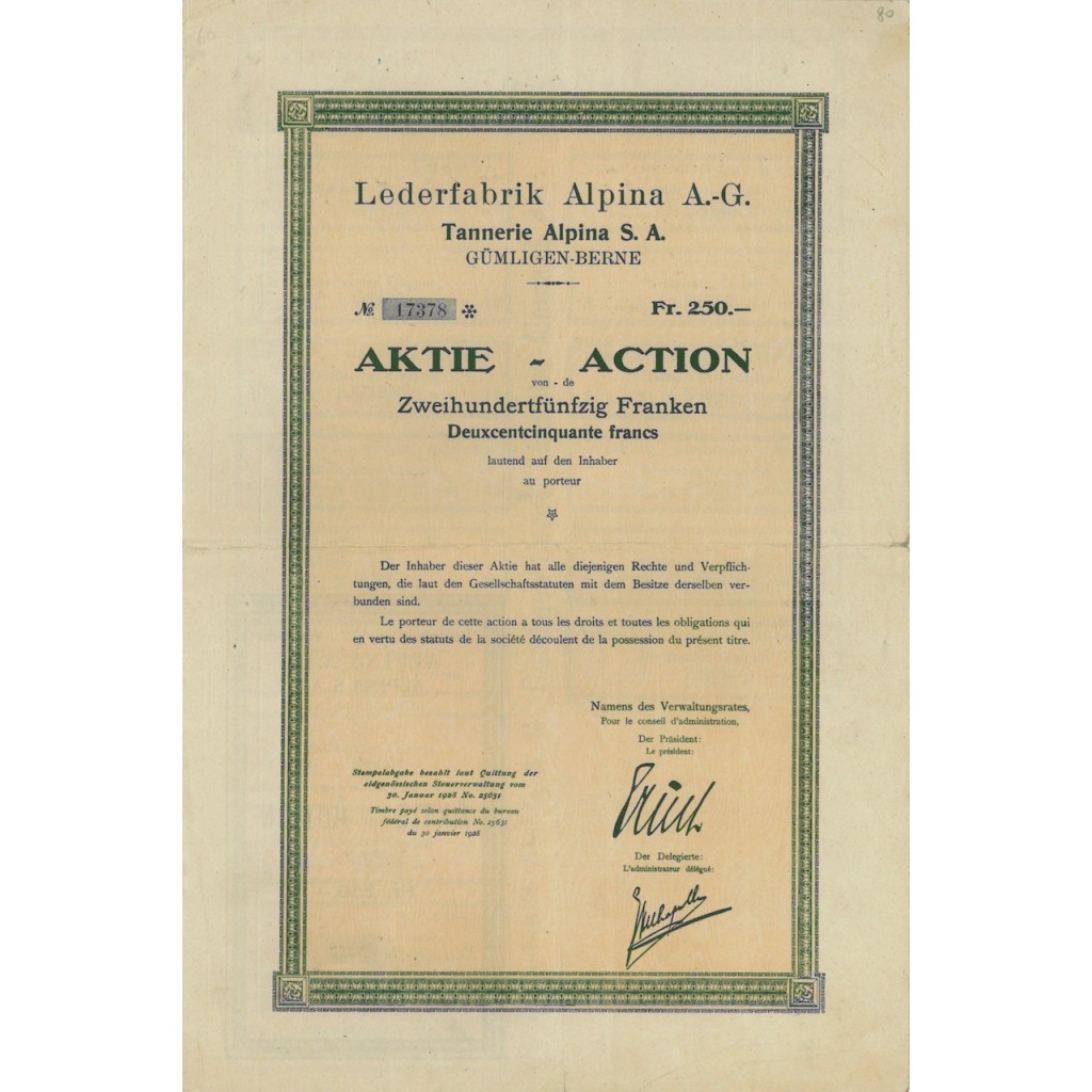 LEDERFABRICK ALPINA A.G. - 1 AZIONE - 1928