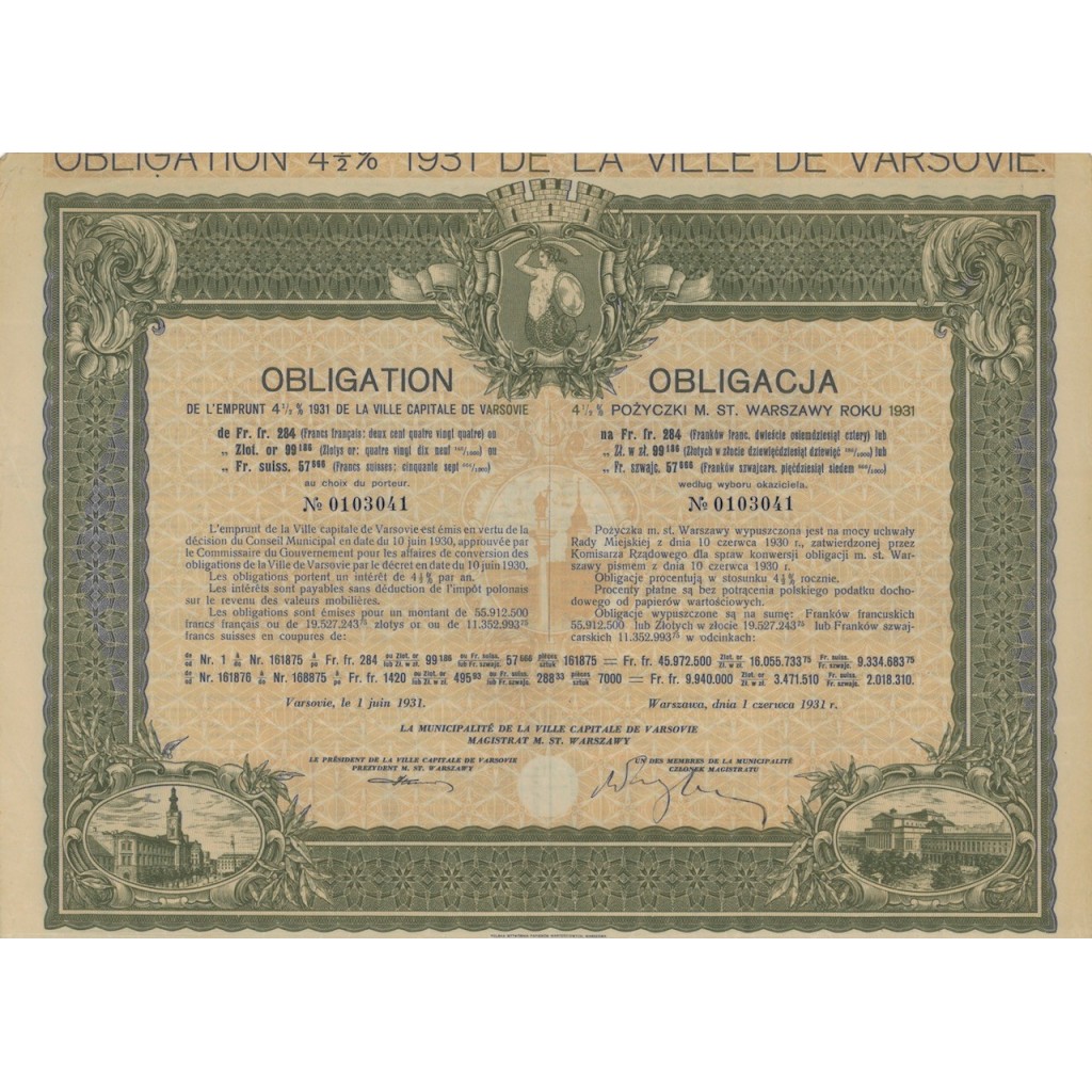 POZYCZKI M. ST. WARSZAWY ROKY - 1 OBBLIGAZIONE - 1931