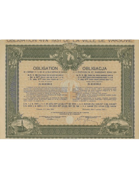 POZYCZKI M. ST. WARSZAWY ROKY - 1 OBBLIGAZIONE - 1931
