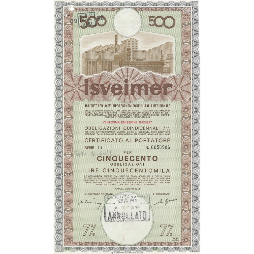 ISVEIMER - Cinquecento obbligazioni di 500.000£