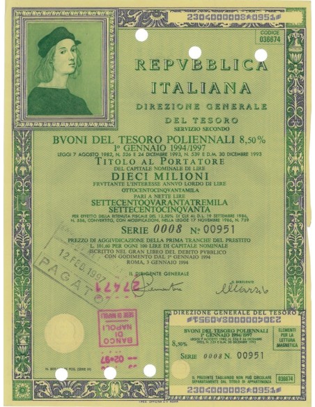 BTP NOVENNALI - 10000 LIRE ROMA 1994