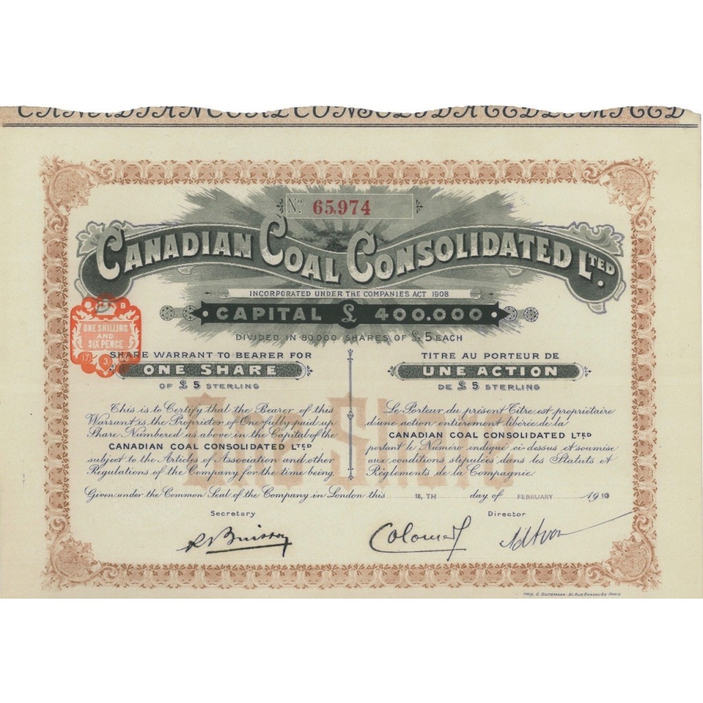 CANADIAN COAL CONSOLIDATED LTD - 1 AZIONE - 1910