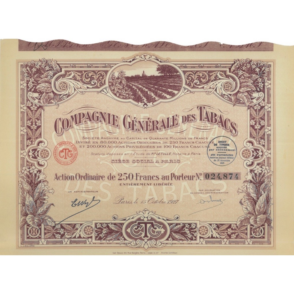 COMPAGNIE GENERALE DES TABACS - 1 AZIONE - 1927